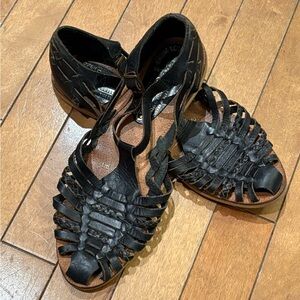 Woven Leather Huarache Sandals — Brown-Black